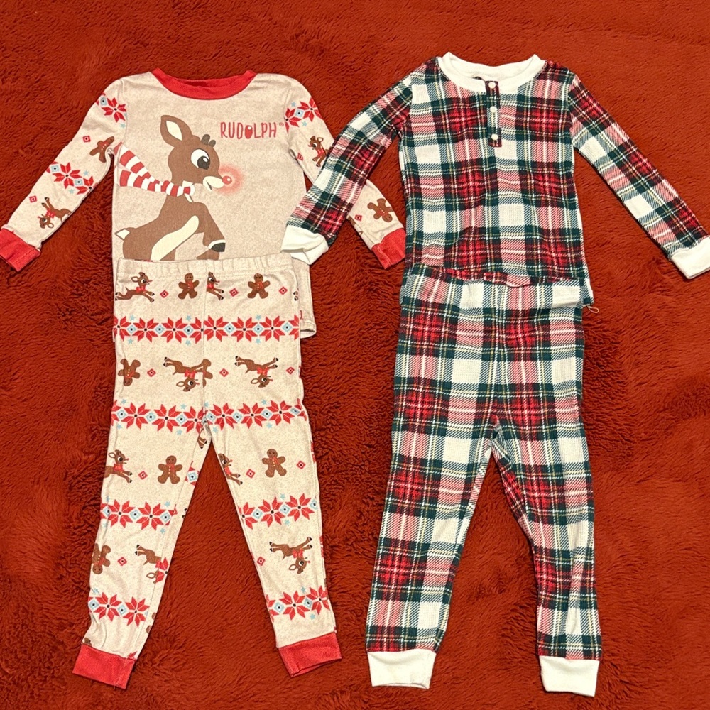 Kids Reindeer & Plaid Holiday Pajama Sets - Cream, Red, Green